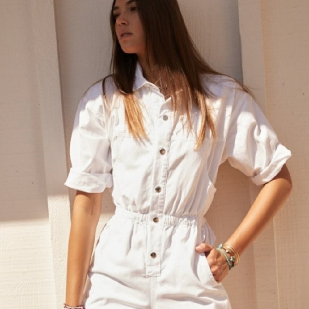 Overlover Made in USA Virginia Short Sleeves White Cotton Romper Size XS NWT